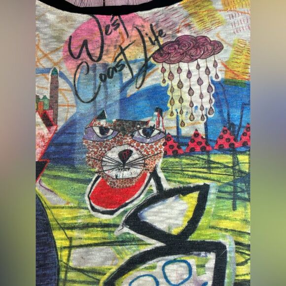 Inoah Lightweight 3/4 Sleeve Knit Scoop Burnout Neck Art to Wear Print Top M - Picture 8 of 12